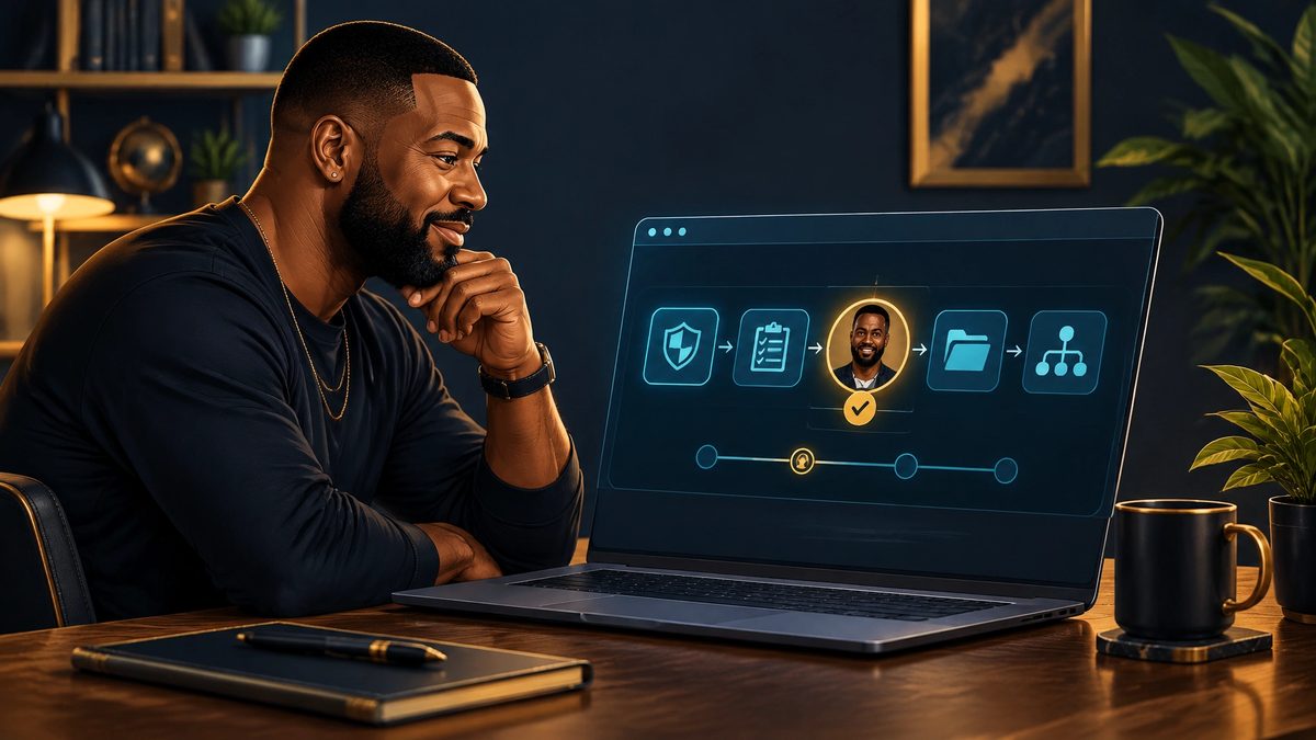 A business owner reviewing a workflow dashboard with a human approval step