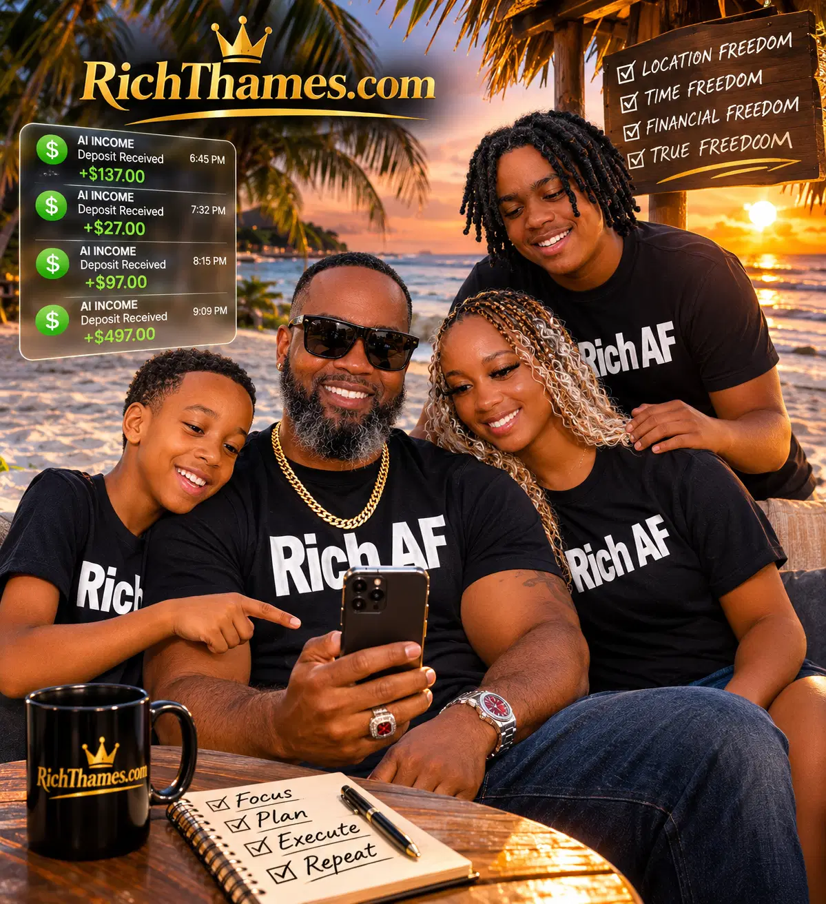 Freedom with family — AI income deposits arriving while enjoying the beach
