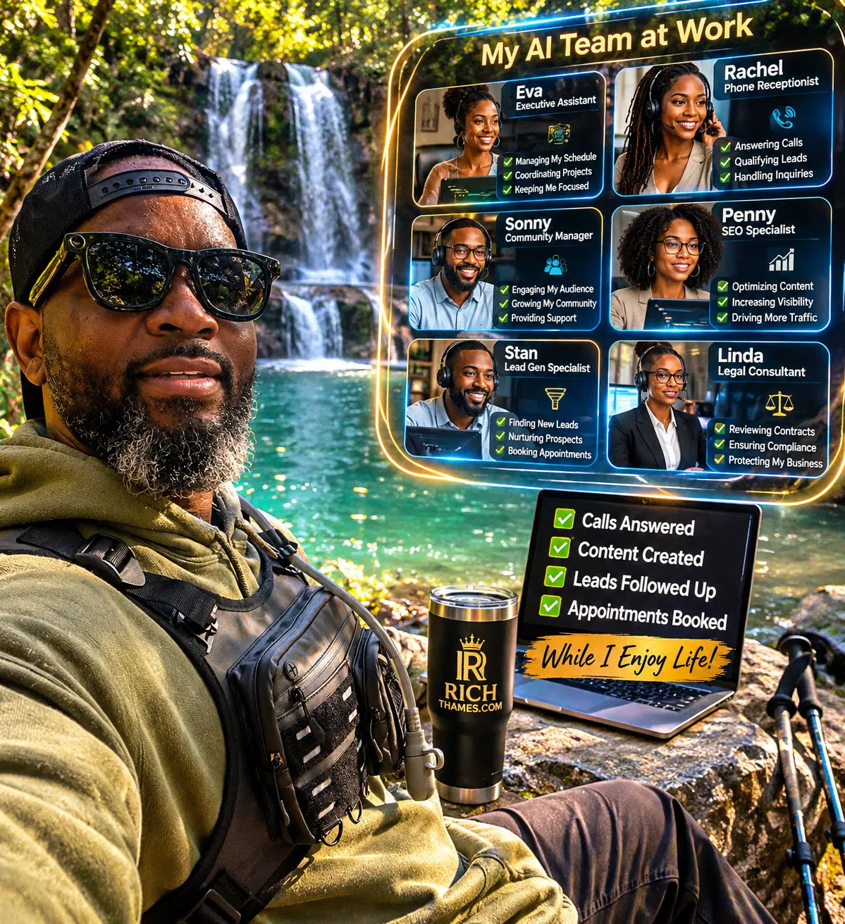 My AI team at work while I enjoy life — hiking selfie with the six AI employees handling calls, content, leads, and appointments